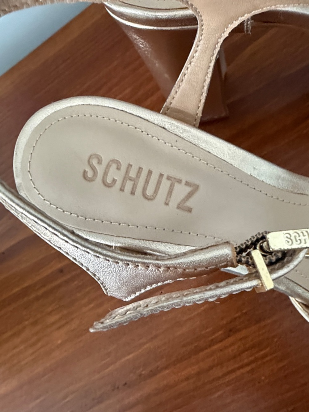 Shultz Keefa Metallic Gold Platform Sandals with Ankle Strap - Picture 2 of 8